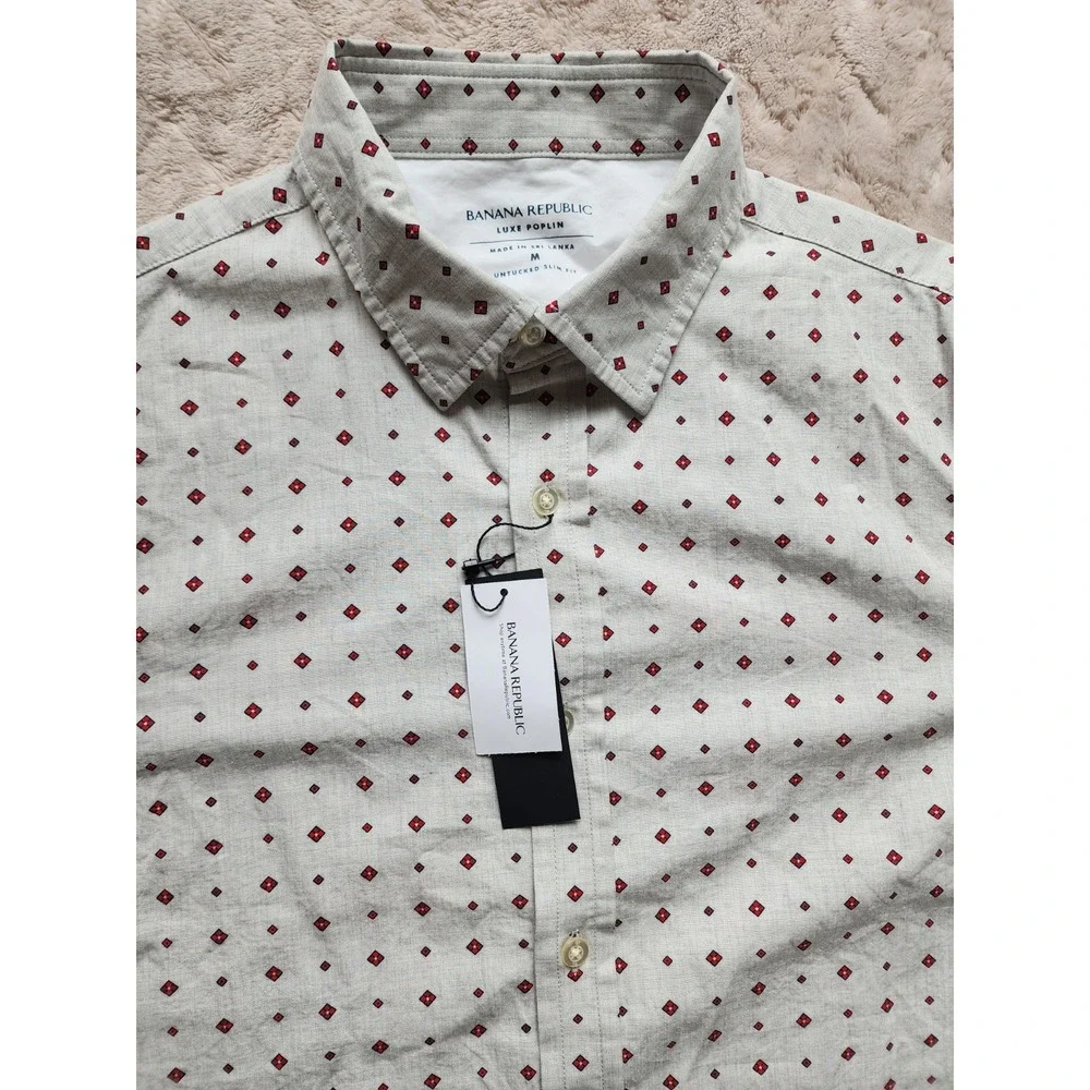 Banana Republic Mens Untucked Slim Fit Grey Red Diamond Luxe Poplin Shirt M NEW